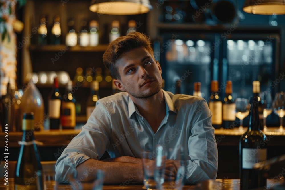 man sitting at table in pub with bottle of wine, alcohol addiction concept