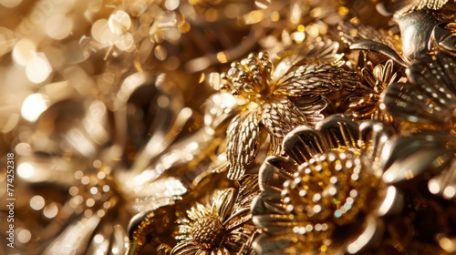 Close-up of stacks of gold jewelry, showcasing the radiant shine and rich tones of the precious metal