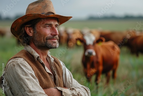 An older cowboy deep in thought, with a timeless expression and cattle loitering behind photo