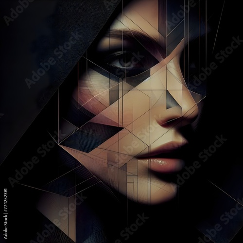 ai generated hyper realistic beautiful woman in a dark  moody atmosphere in the style of a SCI-FI thriller movie poster with abstract lines and geometric shapes