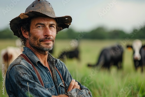 A confident cowboy poses, arms folded, in a denim jacket, with a calm herd of cattle behind photo