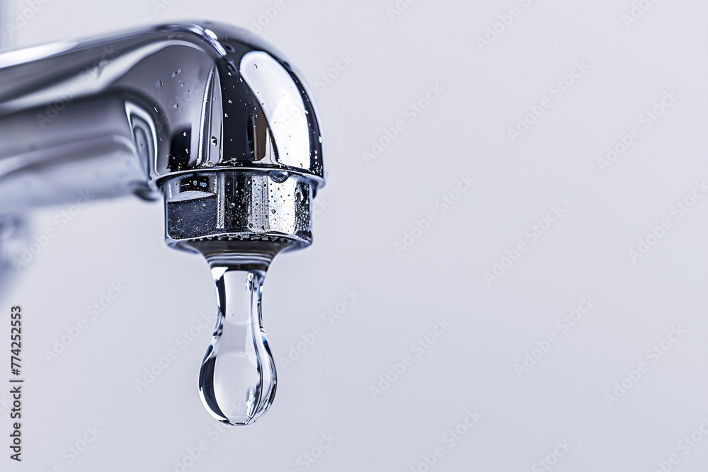 Close up of large drop of water coming out of water tap with copy sapce Close up of large drop of water coming out of water tap with copy sapce