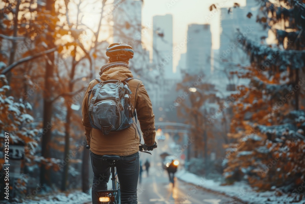 A man with a backpack and bike light stands in a snowy city at twilight