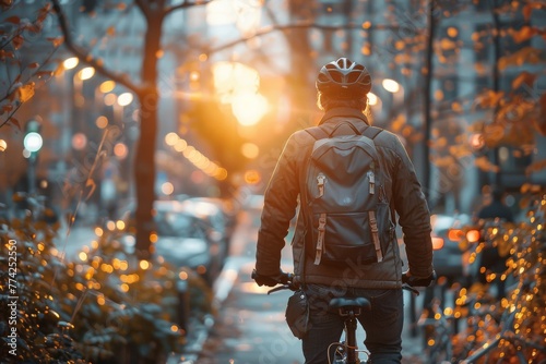 Amidst rich autumn hues, a cyclist stands with his bike, taking in a captivating city sunset