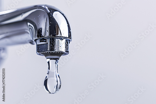 Close up of large drop of water coming out of water tap with copy sapce