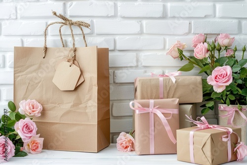 Mock up Composition paper bag, gift boxes, pink roses, for St. Valentine's Day photo