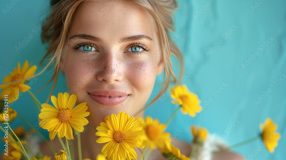 Portrait of a smiling young woman with blue eyes holding yellow daisies on a turquoise background.