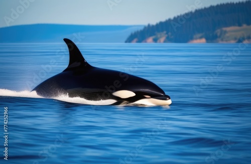 A large killer whale emerged from the sea near the island. Animals in the wild © Krystsina