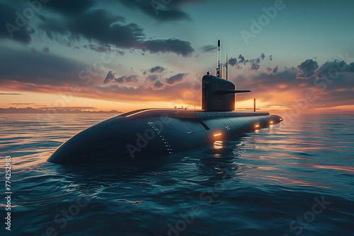 Military submarine on sea water surface