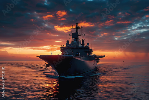 modern warship sailing in the sea photo