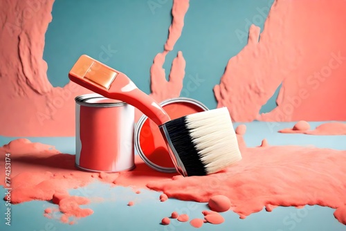 On a blue pastel background, a brush with a white handle is placed on an open can of Living Coral paint. 2019's color of the year principal notion. Generative AI