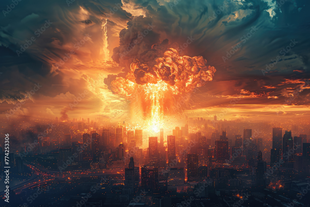 Fototapeta premium Explosion of nuclear bomb in the city