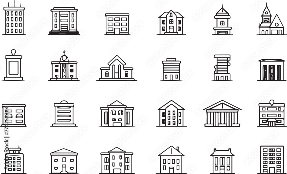 Buildings thin line vector icons black on white background