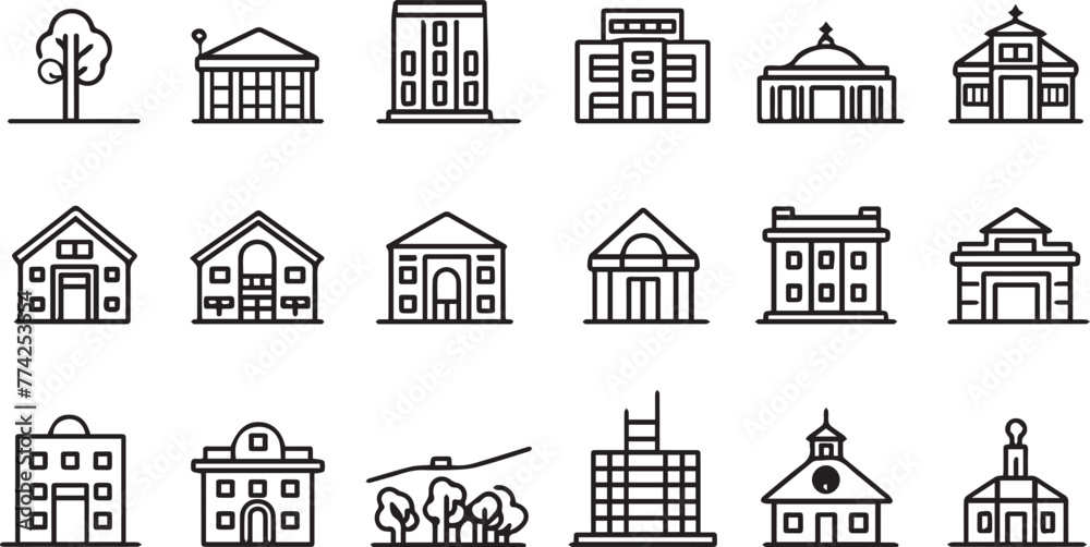 Buildings thin line vector icons black on white background