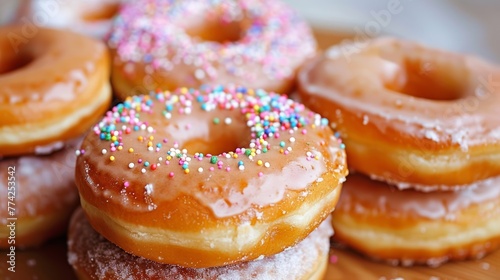 Pink glazed doughnuts with multicolored sprinkles on top  arranged on a wooden table.