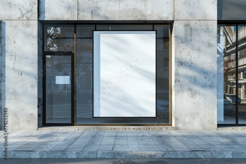Modern daylit glass storefront in concrete building with empty white mock up banner photo