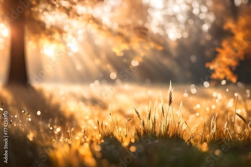 Background, header or banner - grass in the autumn morning light- bokeh, much copyspace
