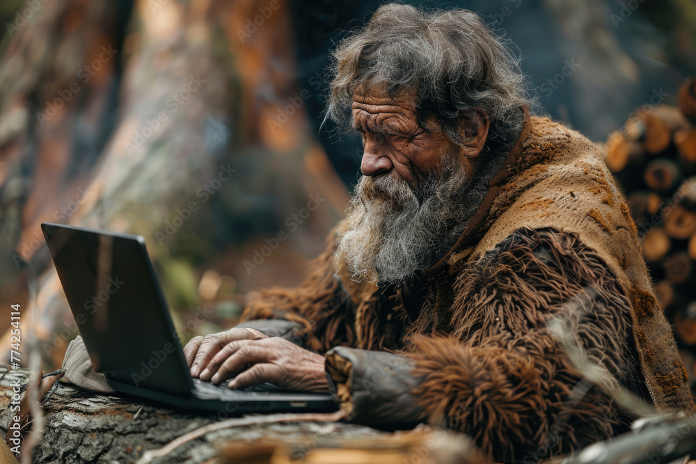 Caveman uses a laptop, concept of technology, computer education Stock ...