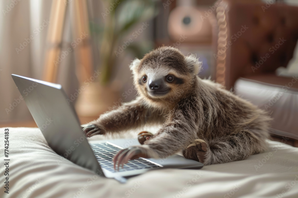 Fototapeta premium Lazy sloth working at the computer