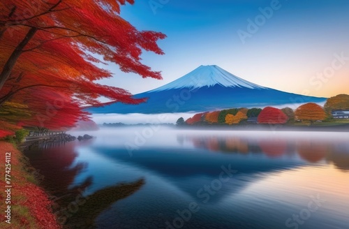 Gorgeous autumn landscape with a volcano reflected in the lake on a foggy day
