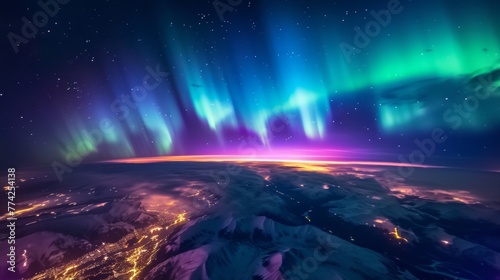 City lights with beautiful aurora northern lights in night sky with snow forest in winter.