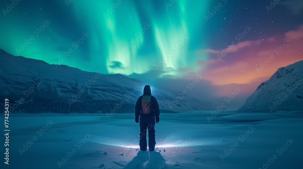 A person stands in snow field with beautiful aurora northern lights in night sky in winter.