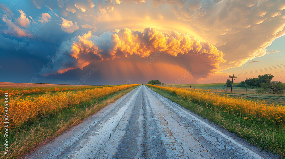 Dramatic sunset clouds over a rural road with vibrant wildflowers