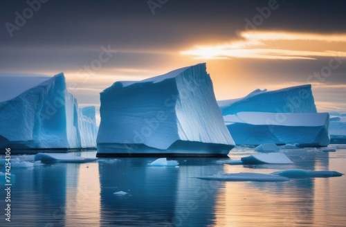 Large glaciers in the sea with reflection on the water at dawn