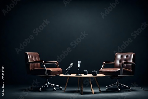 two chairs and microphones in podcast or interview room on dark background as a wide banner for media conversations or podcast streamers concepts with copyspace . photo