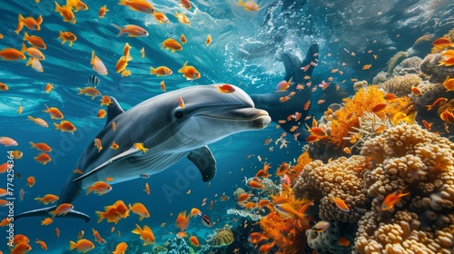 Dolphin among orange fish and coral reefs in blue ocean waters.