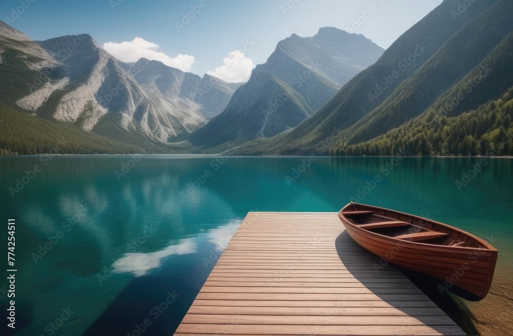 Picturesque mountain landscape with lake, old wooden pier and boat Picturesque mountain landscape with lake, old wooden pier and boat