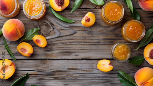 Peaches and homemade peach jam on rustic wooden background