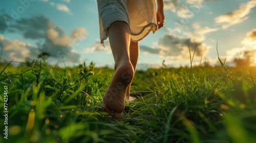 A person walking barefoot on grass, highlighting the sensory connection with earth