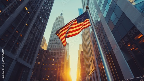 US national flag flying in air in New York city street