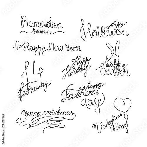 Holiday inscription set, lettering continuous line drawing, calligraphy text New Year, Easter, Valentine, Halloween, Ramadan, logo design, handwritten inscription, isolated vector. (ID: 774254916)