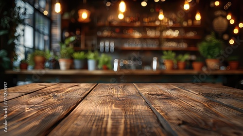 Rusty, empty wooden table. Vintage pub interior. Dark wood counter. Restaurant space. Abstract bar scene