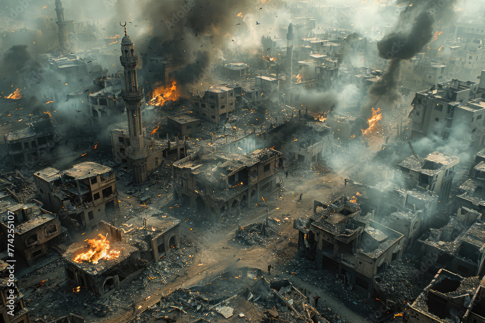 City destroyed by war from a bird's eye view City destroyed by war from a bird's eye view