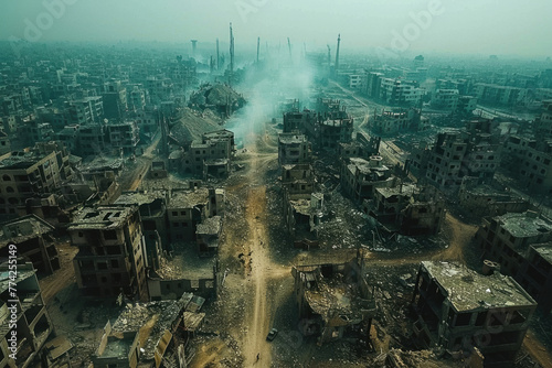 City destroyed by war from a bird's eye view