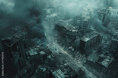 City destroyed by war from a bird s eye view