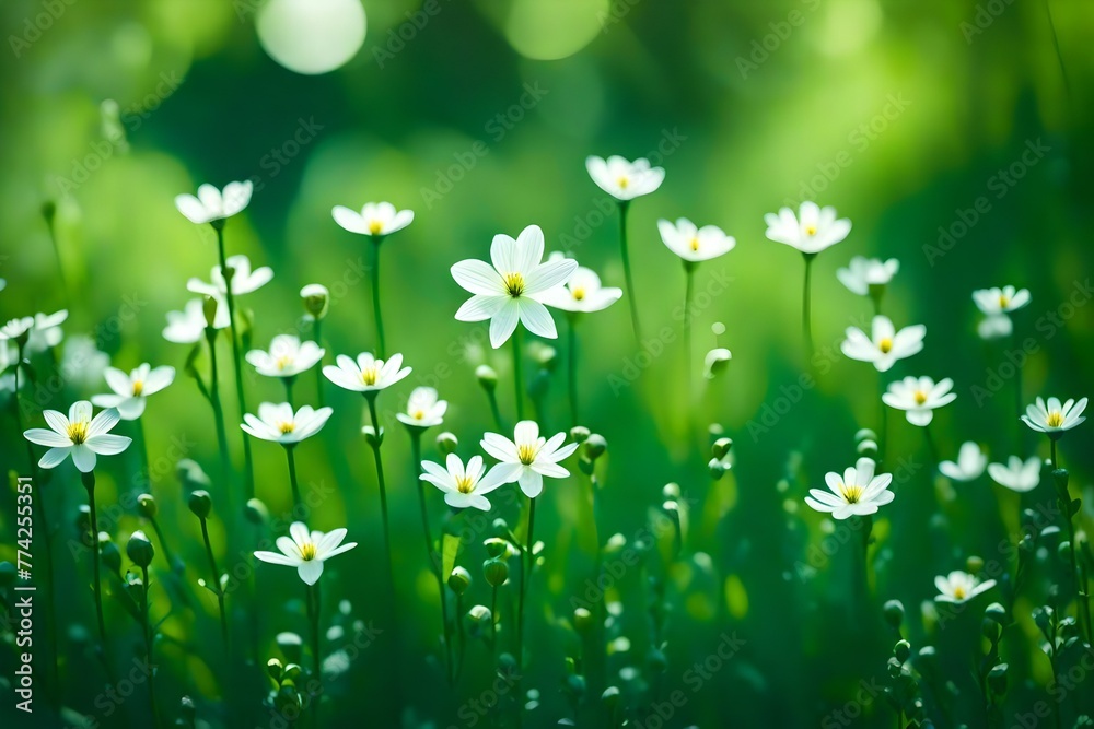 Tiny Plant White Tiny Flower In Nature green color. Creative Banner. Copyspace image Tiny Plant White Tiny Flower In Nature green color. Creative Banner. Copyspace image