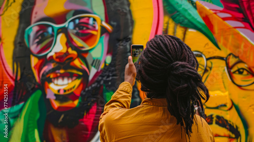 Person with dreadlocks photographing street art mural