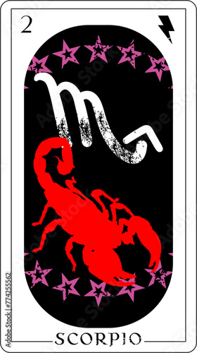 Scorpio. Design of a tarot card with a red scorpion and a black thunder symbol.