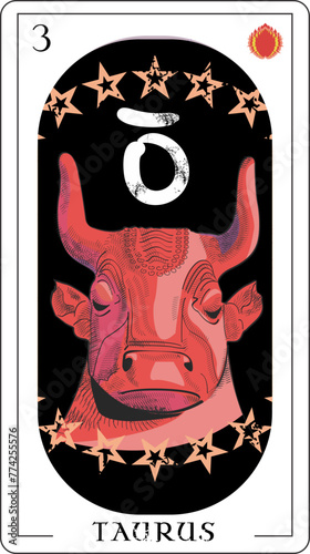 Taurus. Design for a tarot card with an old-style bull head next to the taurus symbol.