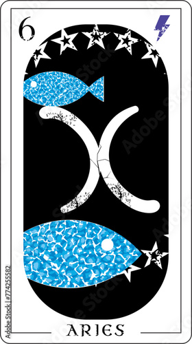 Aries. Tarot card design featuring a pair of fish surrounded by stars.