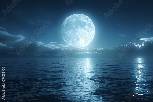 A large blue moon is reflected in the calm water of a lake