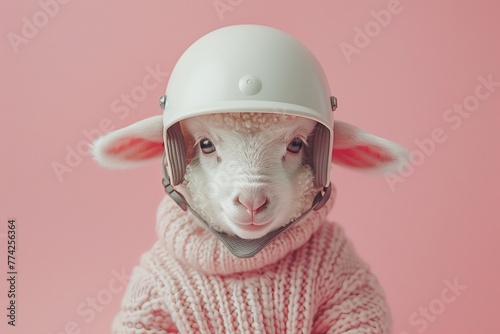 A baby sheep dons an engineer helmet, poised confidently in a studio setup, facing challenges head-on. Surrounded by soft pastel hues, the scene adheres to the rule of thirds, blending innocence with photo