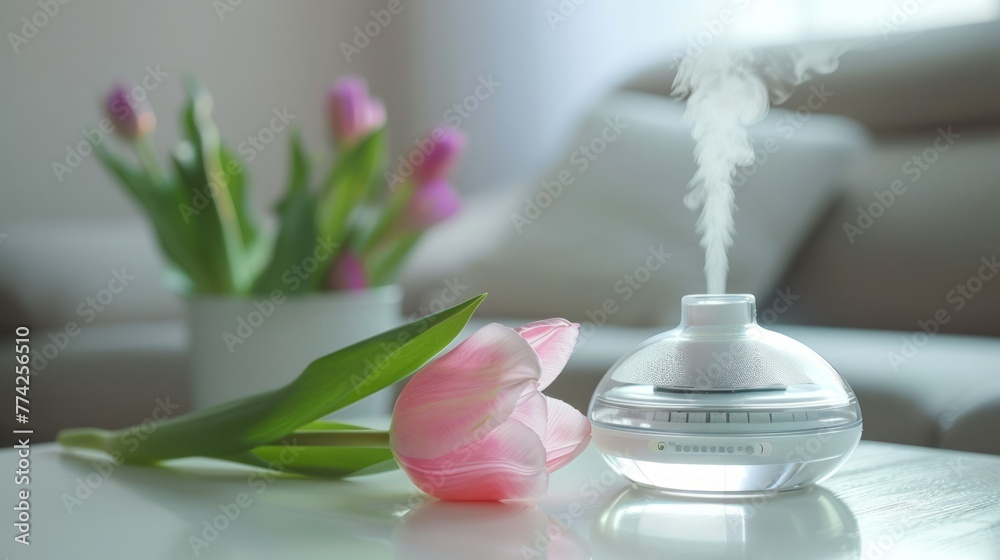 Pink tulip with aroma diffuser on white table. Pink tulip with aroma diffuser on white table.