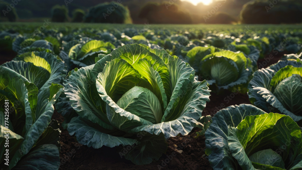 Cabbage Sun Cabbage plants grow in a field under the rays of the sun, producing ...