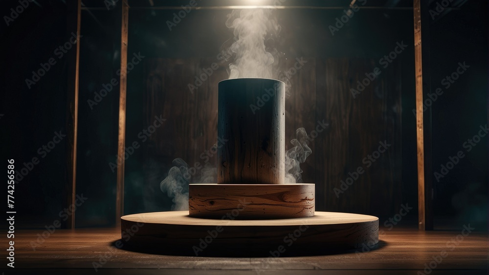 Ethereal Wooden  Podium Dark Abstract Backdrop with Floating Smoke, Spotlight Illumination