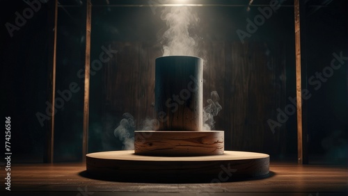 Ethereal Wooden Podium Dark Abstract Backdrop with Floating Smoke, Spotlight Illumination